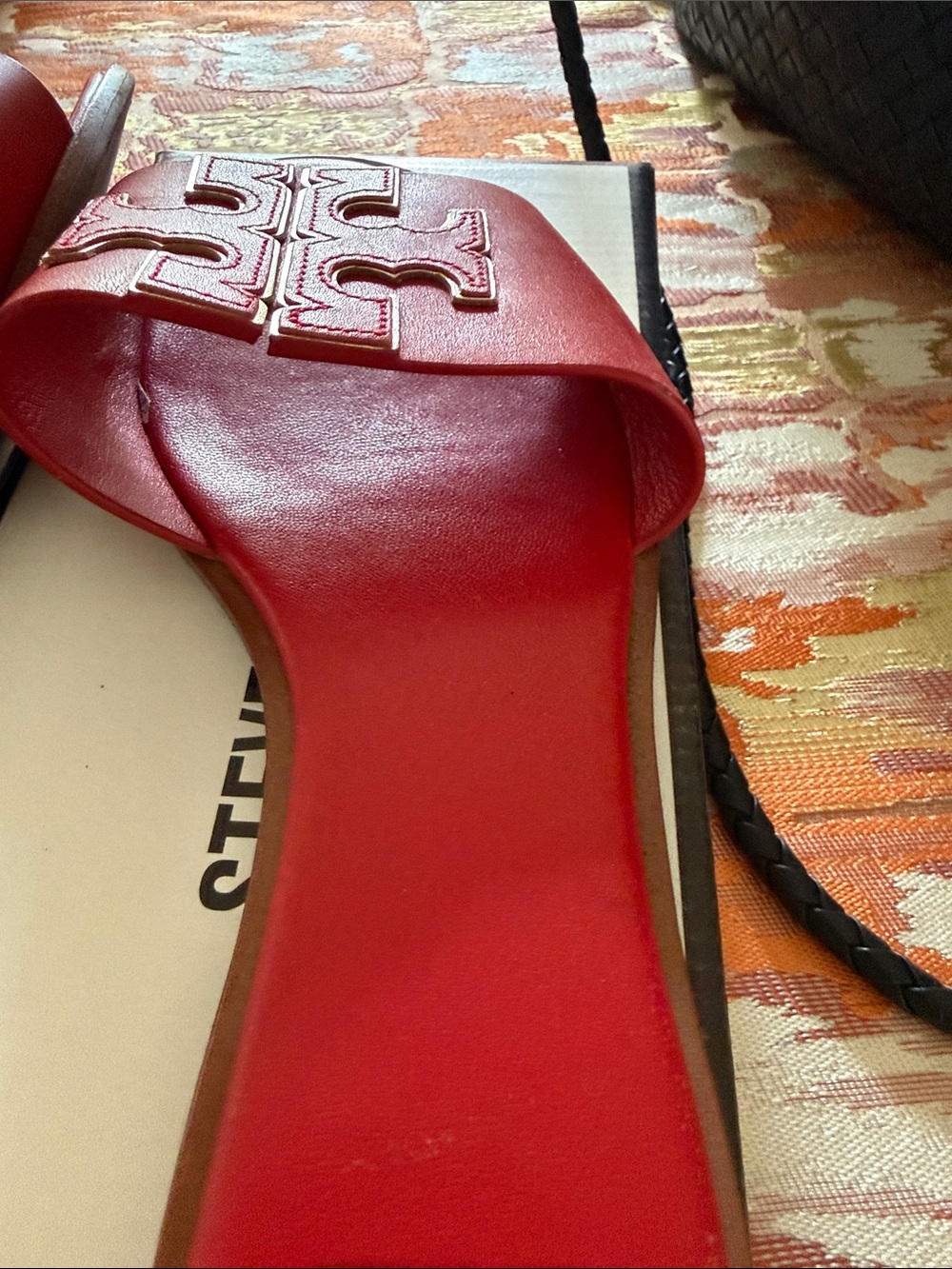 Tory Burch Red/Gold Double T leather slides - Picture 8 of 16